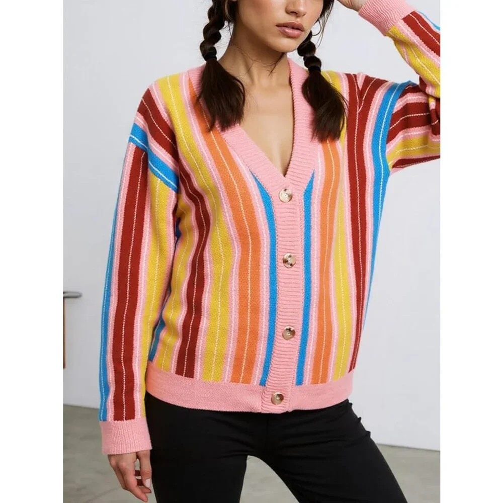 Women's Rainbow Striped Long Sleeve Button V Neck Block Knit Loose Sweater Coat - Picture 5 of 6